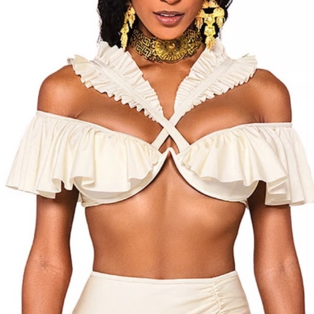 Ruffled Cream Bikini Top/Med-Yellow Gingham Bikini Bottom S-Vic Secret Bag incl.